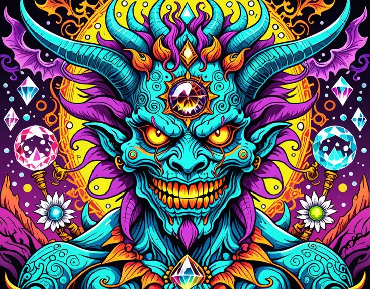<lora:Daisy-Acid:.4> color line art,acid-art, trippy, daisyart, sketch, Magic-style Demon, it is Biochemical and Mad, absurdres, epic atmosphere, magical, dslr, stunning, aesthetic, romantic, located artistic, extremely stylish, perfect background, sublime, dynamic composition,Hyperrealistic, crystal-clear,with super sharp details and vivid colors, intricate textures, and pristine clarity