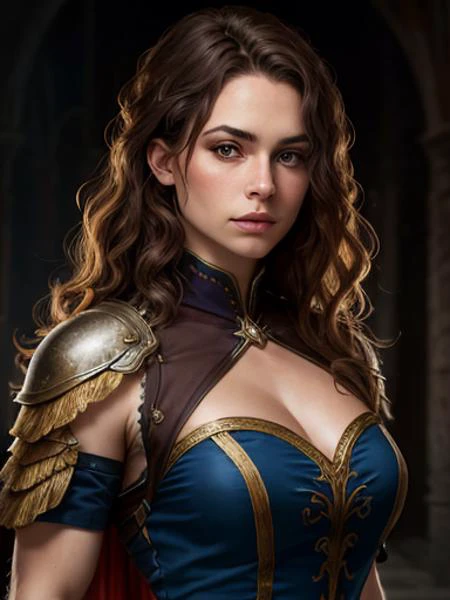 a photo, warrior woman ,hair brown, fantasy dress, realistic, hd, beautiful dress blue, realistic, half body shot, sharp focus, 8 k high definition, insanely detailed