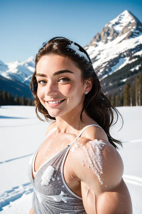 bodybuilder, fcPortrait, close-up portrait of beautiful smiling woman with freckles, snow-covered mountain, full body, 16mm, 35mm, vivid colors, high quality, white balance, kodak film, high detail