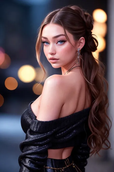 photo of beautiful (g1g1h4d1d:0.99), a woman, western RPG character brunette hair upsweep updo, sweater off-shoulders, at a movie premiere gala, dark moody ambience (masterpiece:1.2) (photorealistic:1.2) (bokeh) (best quality) (detailed skin:1.2) (intricate details) (Clutter-Home) (8k) (HDR) (cinematic lighting) (sharp focus)