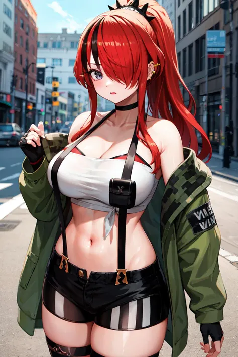 masterpiece, best quality, highres, hmlain, long hair, ponytail, streaked hair, hair over one eye, ear piercing, large breasts, cleavage, tube top, pouch, off shoulder, green jacket, open jacket, long sleeves, fingerless gloves, midriff, suspender shorts, black shorts, thigh strap, black thighhighs, <lora:lain_paterson_v1:0.7>, cowboy shot, standing, street,