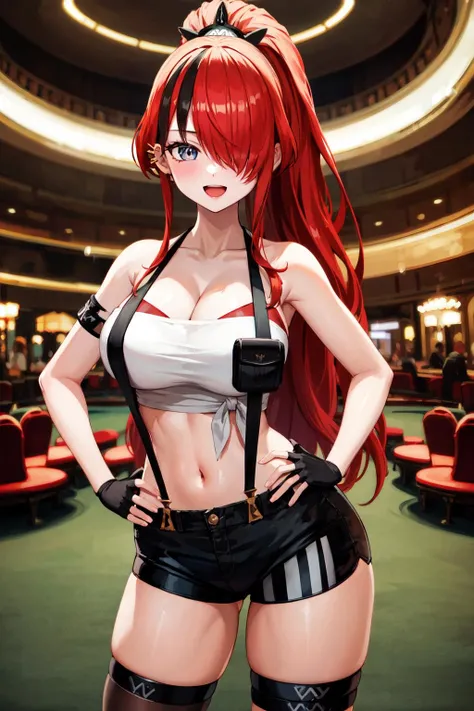masterpiece, best quality, highres, hmlain, long hair, ponytail, streaked hair, hair over one eye, ear piercing, large breasts, collarbone, cleavage, tube top, pouch, sleeveless, bare arms, fingerless gloves, midriff, suspender shorts, black shorts, thigh strap, black thighhighs, <lora:lain_paterson_v1:0.7>, casino, indoors, smile, open mouth, hand on hip, standing, cowboy shot
