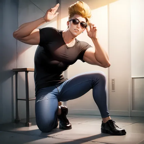 ((masterpiece, best quality)),(complex lighting), solo, full body, 1boy, johnny bravo, dark sunglasses, black shirt, <lora:johnnyBravo1-10:0.6>, denim pants,