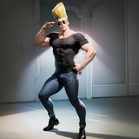 ((masterpiece, best quality)),(complex lighting), solo, full body, 1boy, johnny bravo, dark sunglasses, black shirt, <lora:johnnyBravo1-10:0.6>, denim pants,