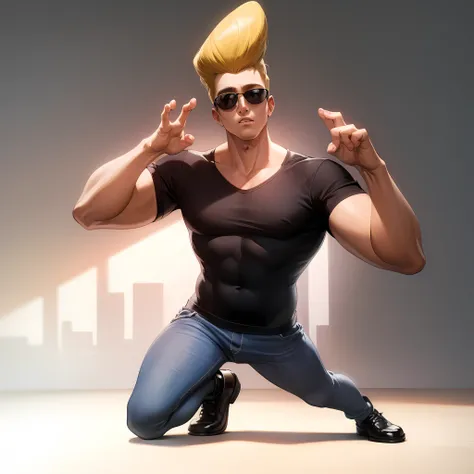 ((masterpiece, best quality)),(complex lighting), solo, full body, 1boy, johnny bravo, dark sunglasses, black shirt, <lora:johnnyBravo1-10:0.6>, denim pants,