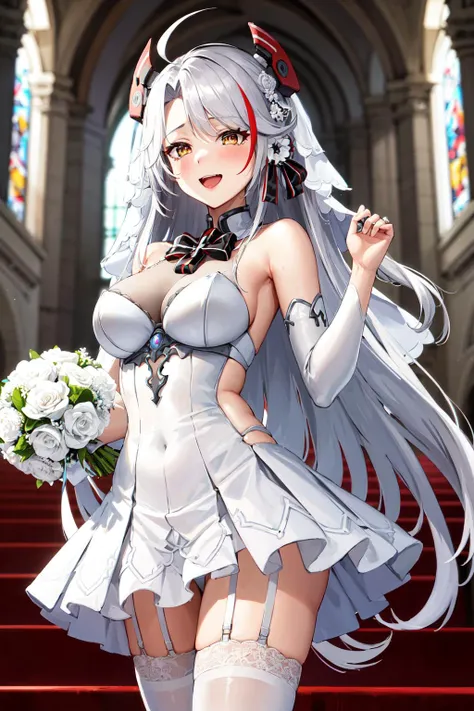 masterpiece, best quality, highres, aabelfast, long hair, french braid, tiara, bridal veil, earrings, metal collar, gold chain, cleavage, collarbone, bare shoulders, strapless, wedding dress, white dress, white gloves, <lora:belfast_(azur_lane)_v1:0.7>, church, standing, cowboy shot, smile