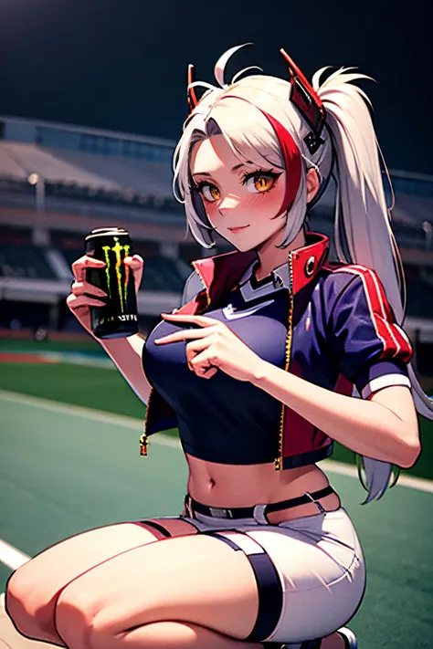 (photorealistic:1.4), masterpiece, detailed, 1girl, alluring, ((squatting)), (five fingers), <lora:prinz_eugen_(azur_lane)_v1:0.8>, eeeugen, long hair, two side up, antenna hair, headgear, race queen, cropped shirt, (underboob cutout:1.1), cropped jacket, purple jacket, open jacket, short sleeves, midriff, panty straps, white belt, miniskirt, two-tone skirt, black thighhighs, <lora:slit-pupils:0.8> snake eyes, (golden eyes), smile, (blushed:1.3), HoldingMonsterEnergy, holding, can, holding can, HoldingMonsterEnergy, <lora:HoldingMonsterEnergy:1>, ((stadium, dusk))