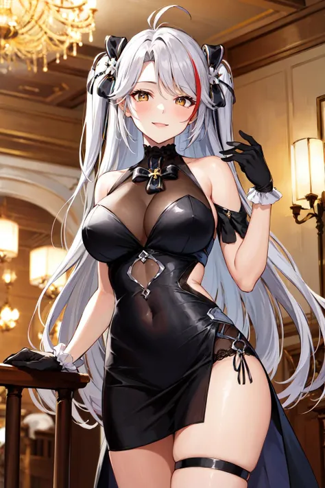masterpiece, best quality, highres, ddeugen, long hair, two side up, antenna hair, hair bow, bare shoulders, cleavage, black dress, see-through, black gloves, thigh strap, <lora:prinz_eugen_(azur_lane)_v1:0.7>, indoors, chandelier, standing, cowboy shot, smile,