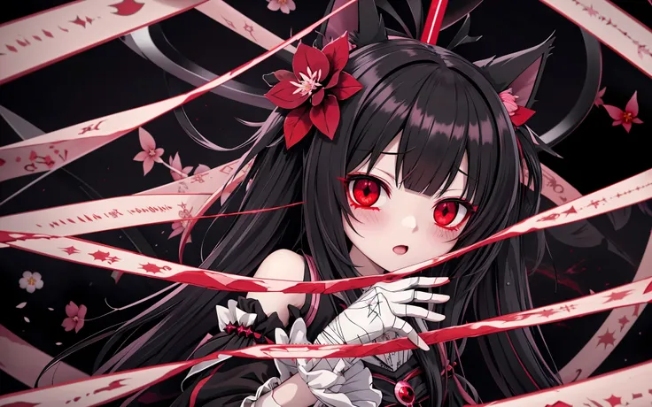 [[[[anime]]]] (game cg), highres, official art, (close up), :o,
smug blushing pretty gothic catgirl, long black himecut with blunt bangs, red eyes, flat chest, bandages, gloves, (((forbidden origin, inverted blossom, auxilary darkness, perpetual equinox, corrupted crimson, spectral chaos, error message))), chromatic diffusion