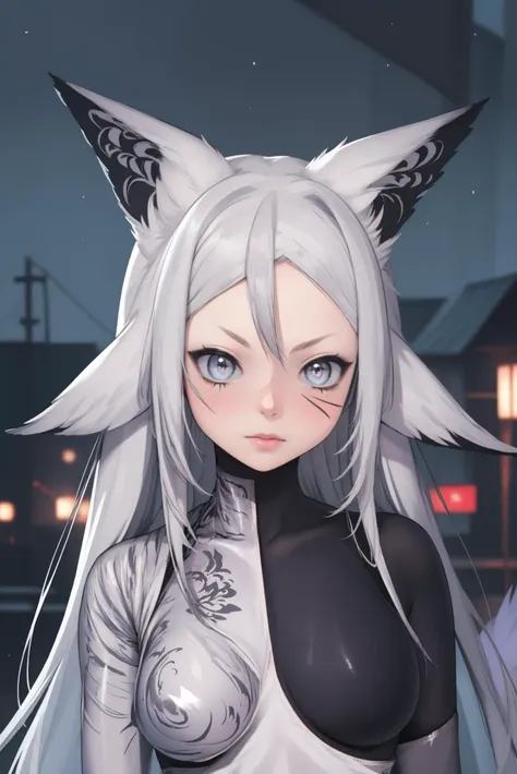 (masterpiece:1.4) ,(best quality:1),, superrelism , hyperrealism, 8k , superfine resolution, incredibly detailed illustration ,night scenery ,anime style , <lora:ch_VTuber_Dyarikku:1> solo, animal ears, looking at viewer, long hair, bodysuit, fox ears, medium breasts, grey eyes, virtual youtuber