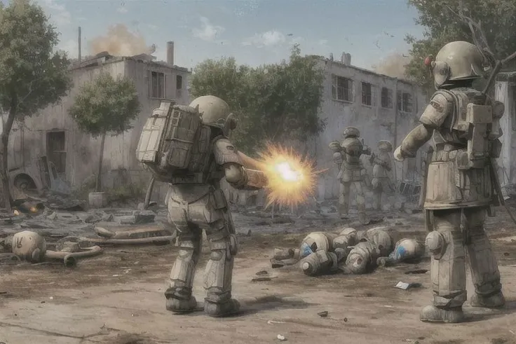 perfect proportions.Orphans of humans in war and fire.war.Fleeing Orphans.Houses destroyed by artillery fire.painting.explode.Helpless orphans of war.gun