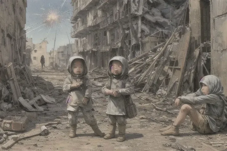 perfect proportions.Orphans of humans in war and fire.war.Fleeing Orphans.Houses destroyed by artillery fire.painting.explode.Helpless orphans of war.gun.crying child