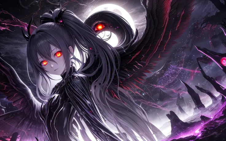 [[[[anime]]]] (game cg), highres, official art, (cinematic beautiful lighting), chiaroscuro,
(nefarious demonic) girl, absurdly long (abyss) hair, (evil) eyes, ((dark) (broken) skin), (solar eclipse), (((wings of darkness))), (intricate hell), ((godrays)), (unlimited eyes:1.7), (surreal:1.6), ((biblical symbolism)), ((event horizon))