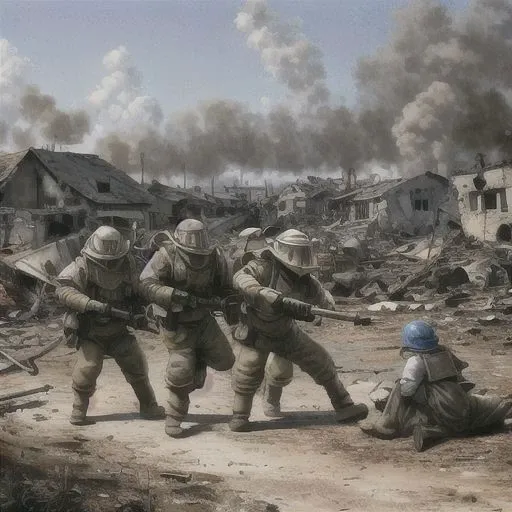 perfect proportions.Orphans of humans in war and fire.war.Fleeing Orphans.Houses destroyed by artillery fire.painting