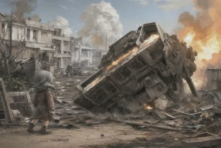 perfect proportions.Orphans of humans in war and fire.war.Fleeing Orphans.Houses destroyed by artillery fire.painting.explode.Helpless orphans of war.gun.crying child