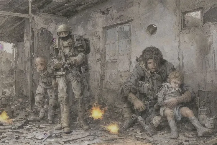 perfect proportions.Orphans of humans in war and fire.war.Fleeing Orphans.Houses destroyed by artillery fire.painting.explode.Helpless orphans of war.gun.crying child