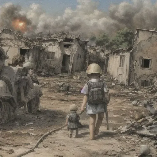 perfect proportions.Orphans of humans in war and fire.war.Fleeing Orphans.Houses destroyed by artillery fire.painting
