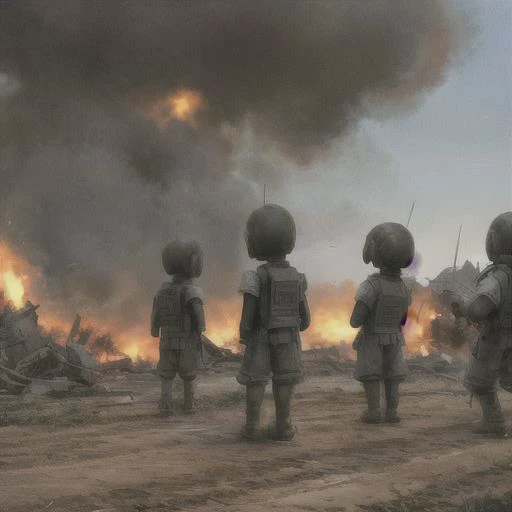 perfect proportions.Orphans of humans in war and fire.war.Fleeing Orphans.Houses destroyed by artillery fire.painting