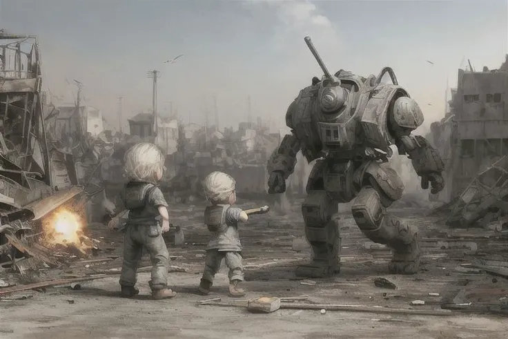 perfect proportions.Orphans of humans in war and fire.war.Fleeing Orphans.Houses destroyed by artillery fire.painting.explode.Helpless orphans of war.gun.crying child