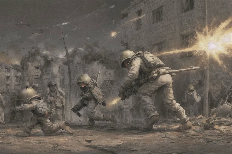perfect proportions.Orphans of humans in war and fire.war.Fleeing Orphans.Houses destroyed by artillery fire.painting.explode.Helpless orphans of war.gun.crying child