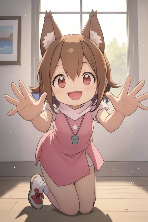 ,(masterpiece:1.2) fluffy ears , hyper , 8k , concusive shadows , slit eyes , incredibly detailed illustration , god rays , ray traced shadows , <lora:HikariDigi:1> hikaridigi, solo, smile, open mouth