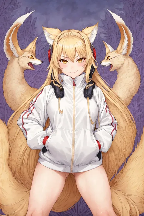 1girl, masterpiece, best quality, ultra high detail, extremely intricate, masterpiece, by kim jung gi and alphonse mucha, (muscluar:1.1), cute, zen garden background, kitsune, smug smile, blonde hair, (techwear:1.2)