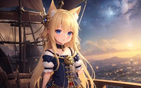 (game cg), highres, (masterpiece), (best quality), official art, hdr,
(cute catgirl, blonde hair and blue eyes), is on large pirate ship, (beautiful extremely detailed background and scenery), tons of jewelry, (gorgeous detailed surreal starry night sky),
by Yoshitaka Amano