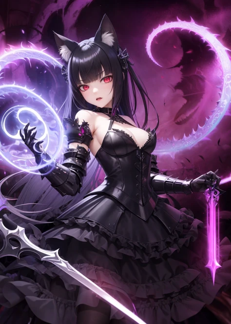 (game cg), highres, (masterpiece), (best quality), official art, hdr,
fierce wman, long black himecut with blunt bangs, (medium breasts), red eyes, cat ears, (intricate bladed armored) [gothic], weapon, (beautiful detailed surreal (dark pool) of (evil (magic)) and tendrils),
by Yoshitaka Amano