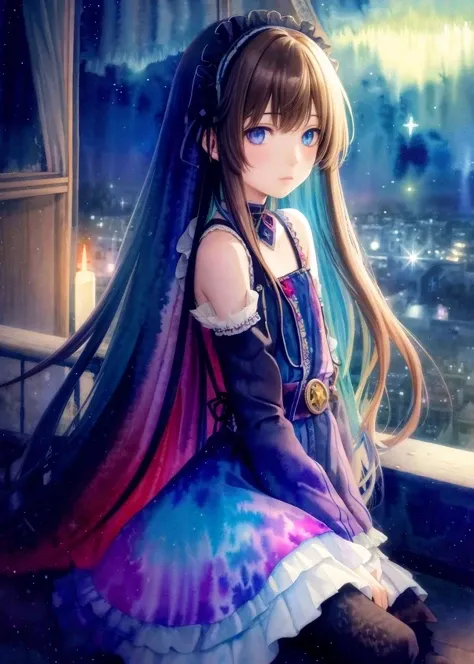 ((psychedelic glitchy watercolor)) (game cg), highres, (masterpiece), (best quality), official art, hdr,
pretty little girl, long brown hair with sideswept bangs, flat chest, blue eyes, (maid), in fantasy medieval balcony, (night, magical surreal and colorful starry sky)
by Yoshitaka Amano