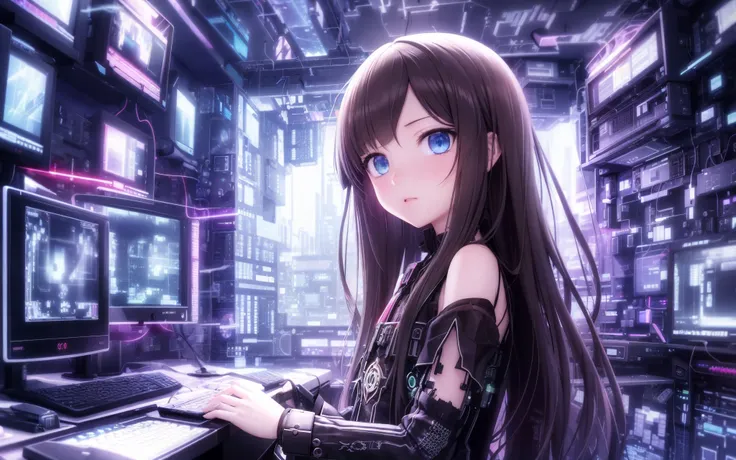 (((corrupted glitchy))) (game cg), highres, (masterpiece), (best quality), official art, hdr, wide angle,
bored pretty girl, long brown hair with sideswept bangs, blue eyes, flat chest, in (surreal magical (detailed and (dark)) apartment) filled with (tons of computers and cables),
by Yoshitaka Amano