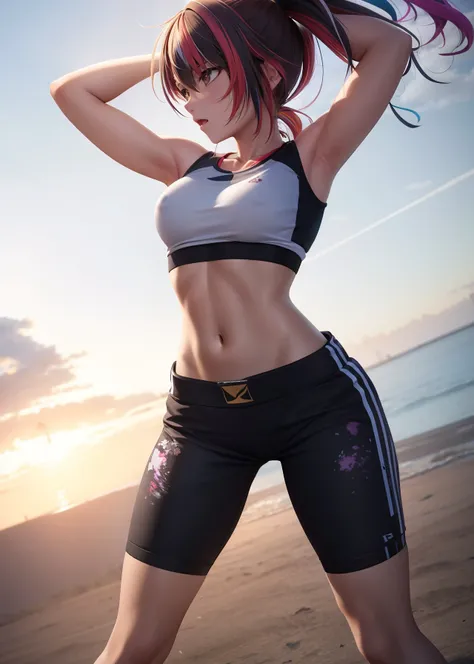 by kyoani, (game cg), highres, (masterpiece), (best quality), official art, hdr, action pose,
pretty athletic toned teen girl, long ponytail, toned midriff, ((tiedyed) multicolored) short shirt, [cameltoe, covered nipples]