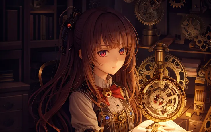 [[[[anime]]]] (game cg), highres, official art, chiaroscuro,
emotionless (mechanical) doll girl, blunt bangs, (clockwork body with cogs and doll-joints), magical fantasy clock tower workshop