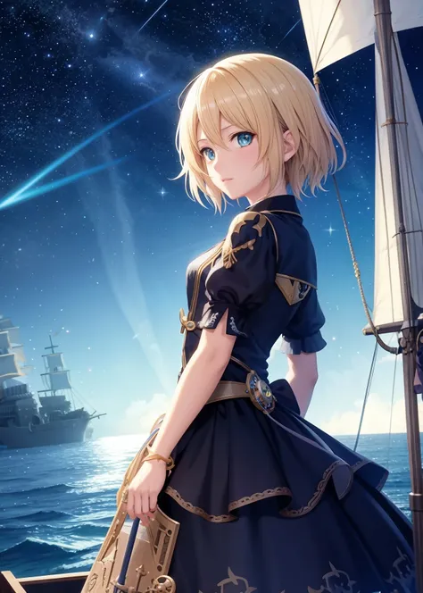 [[[[anime]]]] (game cg), highres, official art,
pretty girl, short blonde hair, aqua eyes, intricate dress, magical fantasy ocean landscape, (pirate ship), tons of treasure, (surreal starry night sky)