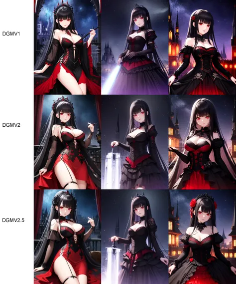 (game cg), highres, (masterpiece), (best quality), official art, hdr,
beautiful woman, long black himecut with blunt bangs, red eyes, medium breasts, intricate (red) and black gothic (dress), (surreal (colorful) beautiful detailed fantasy castle, bright starry (night) sky)
by Yoshitaka Amano