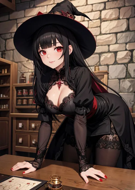 [[[[anime]]]] (game cg), highres, official art, deep shadows, (leaning down), hands on table,
[smug] seductive witch woman, long black himecut with blunt bangs, red eyes, medium breasts, [[[gothic]]] (lace) dress, pantyhose, hat, in (cluttered) medieval fantasy alchemy (apothecary) [[workshop]], (stone walls)