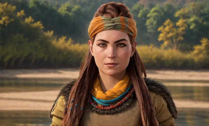 Clothes, Trible, <lora:AloyXI-000004:0.7>, RAW photography, analog style, highly detailed , hyper realistic human skin, eyeliner, gloss red lips, full lips, (smiling:0.7), , intricately detailed jewerly, high-waist skirt and loose blouse, Mountain boots, outdoors, sunny day, standing on the shore of a winding amazon river, dramatic lighting, volumetric sunbeam, incredibly absurdres, 16K, UHD, HDR, hires, wide shot, <lora:epiNoiseoffset_v2:1>