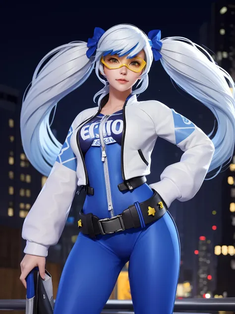 WZRYsunshangxiangCWZL, 1girl, solo, long hair,twintails,lips,bodysuit, goggles, hair bow, white hair, bangs, long sleeves,blue eyes, jacket, belt,cityscape, night,looking at viewer, mature female, standing, cowboy shot,  <lora:WZRYsunshangxiangCWZLii:0.75>,hand on hip, open jacket,
