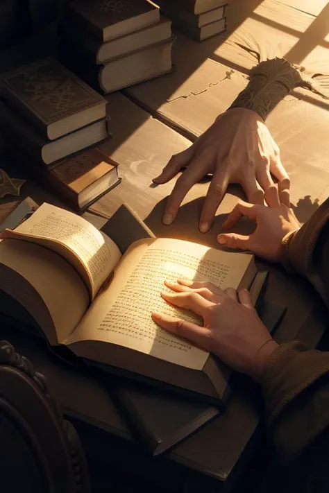 a book with hands crawling out of the page, mage book, many hands, dusty, sunbeam
