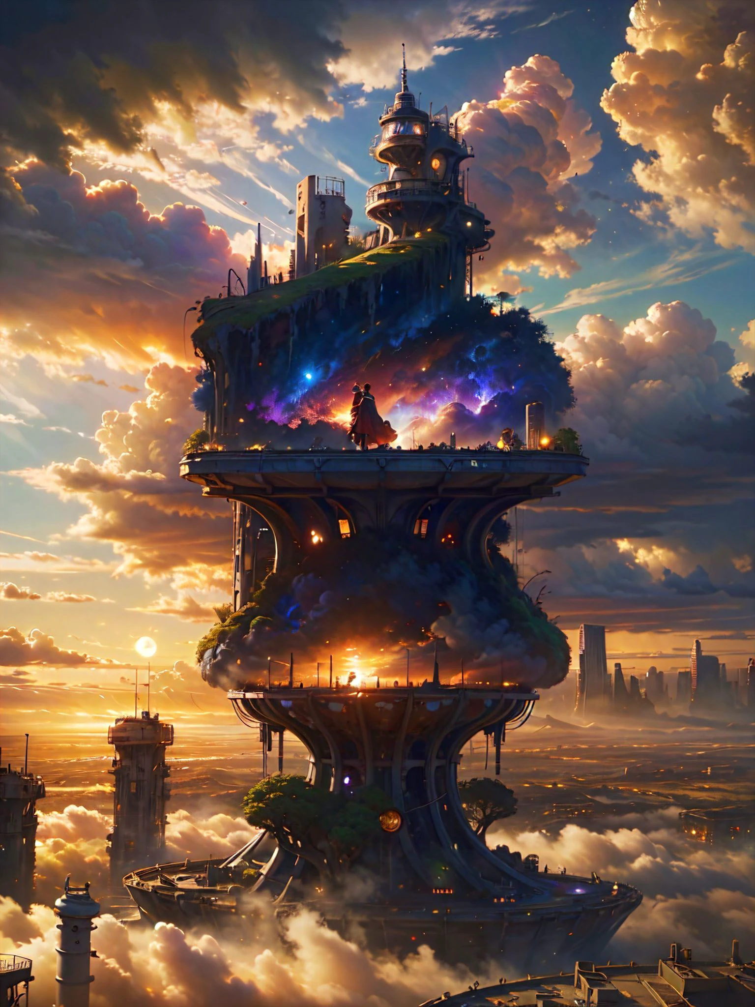 (Extremely Detailed Oil Painting:1.2), octane render, atmospheric 4k ultra detailed, movie still, big depth of field, Masterpiece, colors, "garden of time and space, trending on artstation, dreamy" , a woman with a destroyed city with realistic stormy clouds in the background , sunset, wearing black and red uniform, fantasy art, sci fi art, hyperrealistic, Vivid colors, High Detail, dramatic, absurdes