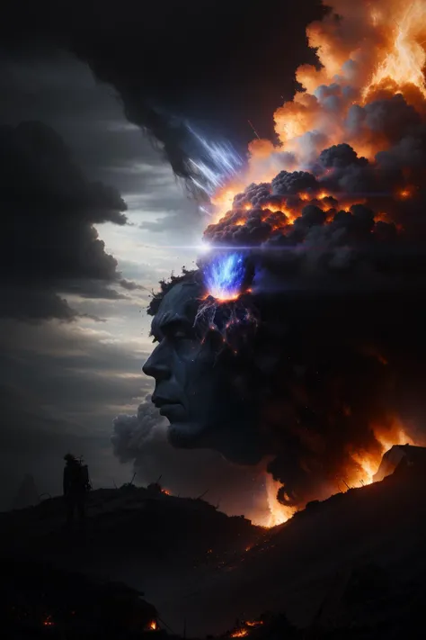 "a beautiful award-winning photo of face of dr. oppenheimer in the shape of a huge nuclear cloud, fire, cosmic horror, depression, intricate details, volumetric lighting, haze, very high quality, extremely detailed, subtle visual noise, hyperrealistic, 8K"