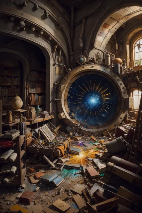 "an imagination machine bursting with colours, inside a wizards room, books are on shelves, machine parts litter the floor, in the style of an old painting"