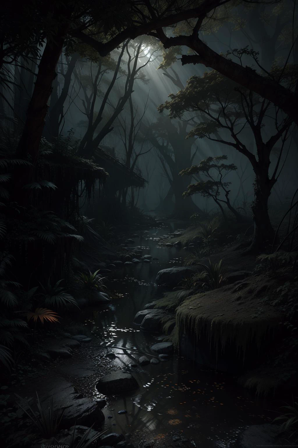 a creepy swamp, sci-fi horror, dramatic lighting, 4k, concept art, highly detailed, volumetric lighting, global illumination, octane render, Style-SwampMagic, eldritch, cosmic, dark energy