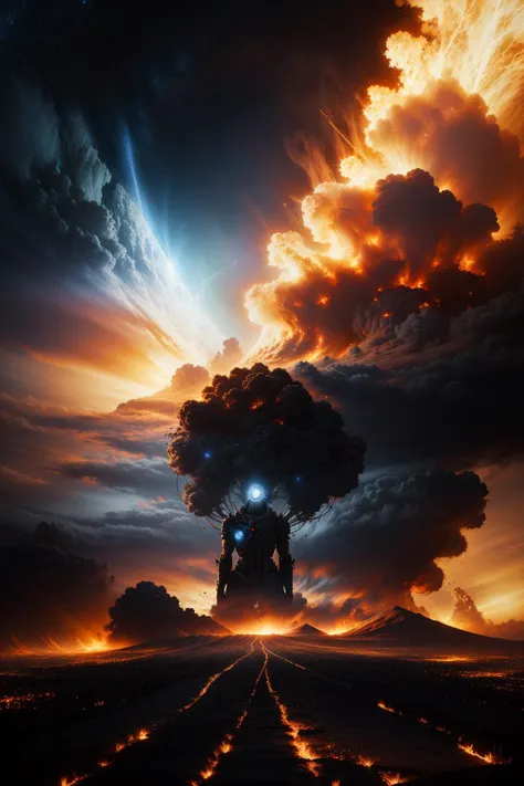 "a beautiful award-winning photo of god, being the last mind in a dead universe, serene post-nuclear background, a huge nuclear cloud, fire, cosmic horror, depression, intricate details, volumetric lighting, haze, very high quality, extremely detailed, subtle visual noise, hyperrealistic, 8K"