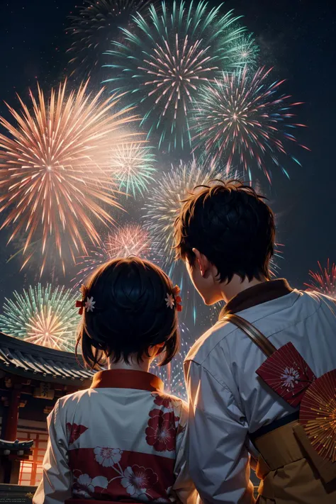 "beautiful anime painting of a boy and a girl from behind at a shinto shrine looking up at the night sky illuminated by colorful new years fireworks, by WLOP and Slawek Fedorczuk and rossdraws, trending on artstation, concept art"
