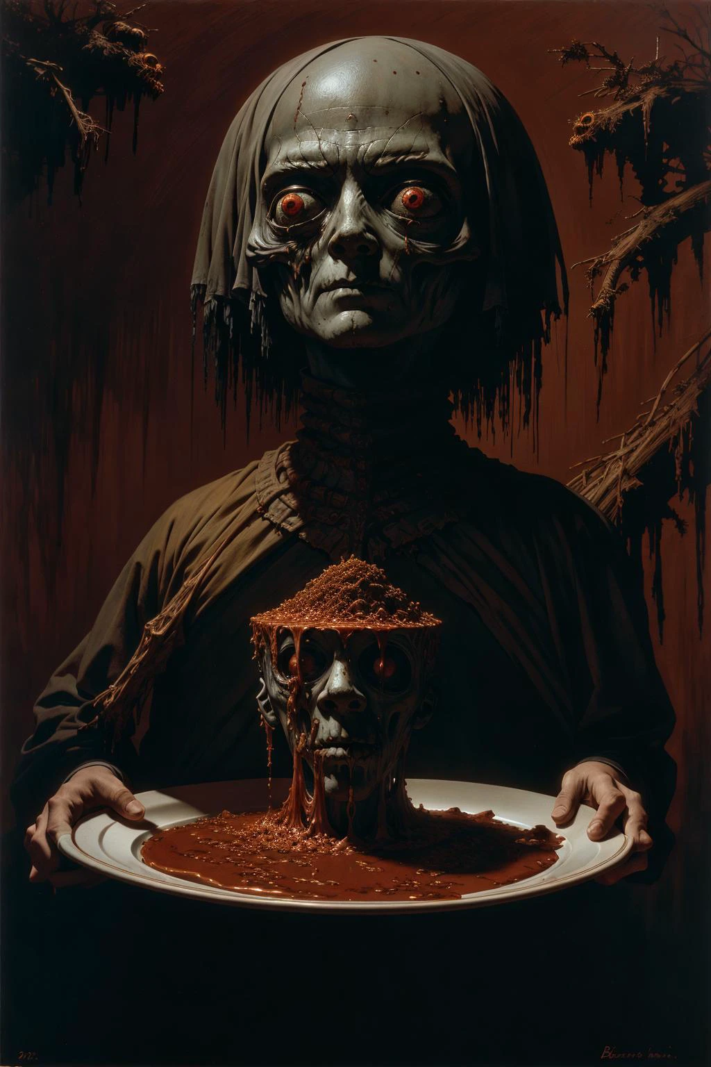 "aspic on plate, painting by beksinski, bernie wrightson, trending on artstation, horror film, creepypasta"