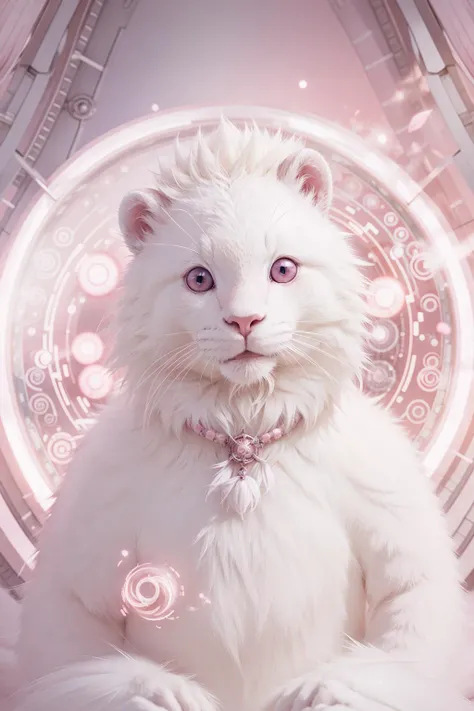 white mink with pink nimbus of pink bacteria circle around the neck art unreal engine hd 8k starring at camera symmetrical mink matte background
