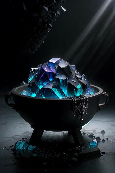 a cauldron made of crystals, by greg rutkowski and thomas kinkade, trending on artstation, 4k. vivid light, high angle view. centered image, isometric perspective on the bottom. atmospheric lighting, dramatic lighting. digital art render. sharp focus, octane render. ue 5. 0, hyperrealistic, cinematic, hdr, volumetric lighting, cinematic shadows, 8k. intricate details