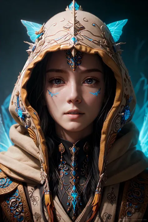 "beautiful goddess portrait tribal beautiful slavic russian monk in hooded princess queen, ancient high tech, cyberpunk, dystopian, jellyfish phoenix dragon, butterfly squid, burning halo, intricate artwork by Tooth Wu and wlop and beeple, greg rutkowski and artgerm, cinematic, hyper realism, high detail, octane render, unreal engine, 8k, Vibrant colors, Smooth gradients, High contrast, depth of field, aperture f1.2"