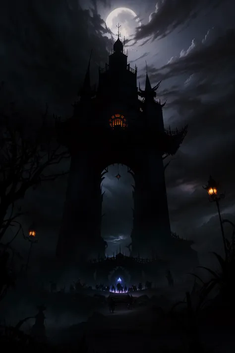 "a dark fantasy matte painting of a dark evil carnival silhouetted by an evil dramatic sky, tim burton, world of warcraft, league of legends"