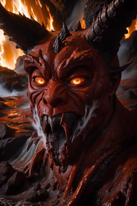 "a devilish red monster with horns licking hot lava emerging from boiling rough fiery lava seas, monster licking lava, grimace, crying, close - up portrait photo by david lachapelle, masterpiece, trending on flickr"